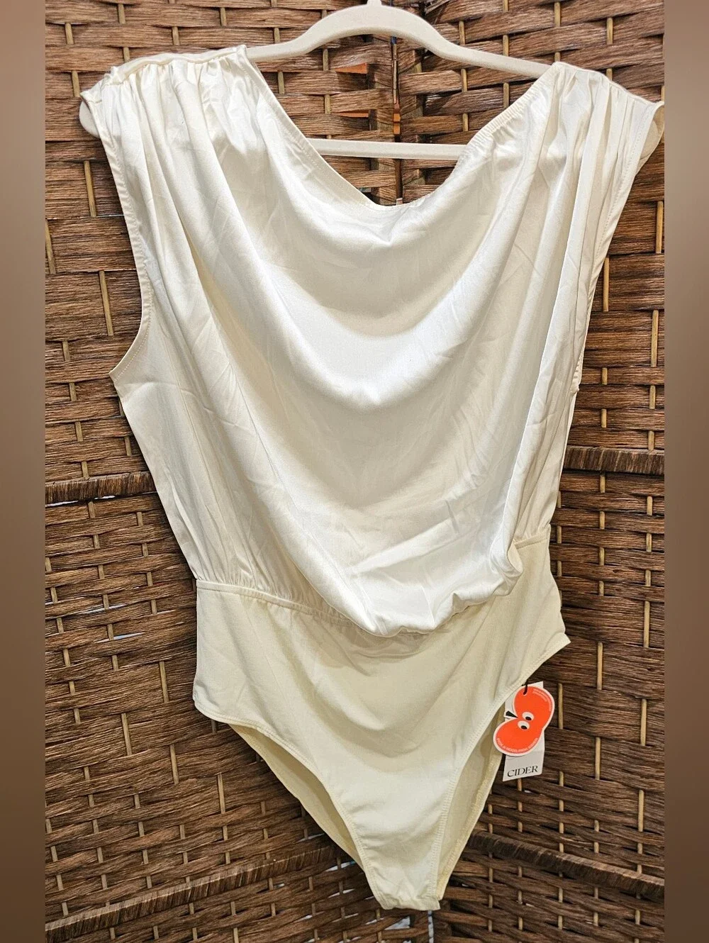 Cider Cream Satin Drape V-Neck Bandeau Bodysuit